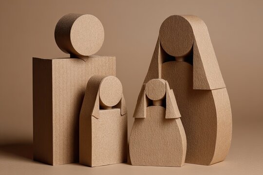 Abstract cardboard figures representing a family unit in a minimalist design.