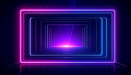 Fototapeta premium Abstract Neon Rectangular Portal Tunnel with Glowing Purple and Blue Light Effects for Futuristic Digital Backgrounds
