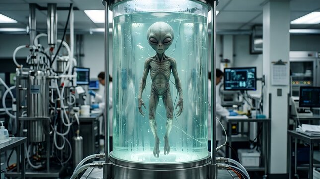 Alien creature in a laboratory setting is being examined by scientists.