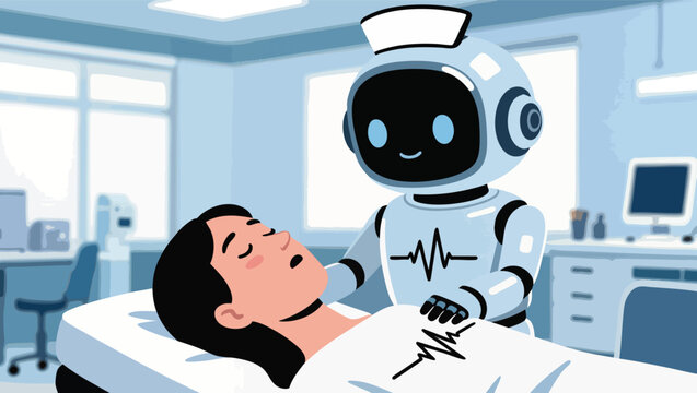 Friendly robot nurse cares for a sleeping female patient in a hospital room robot.