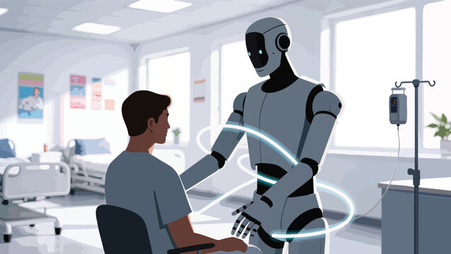 Robot assisting patient in hospital room with iv drip and medical equipment robot.