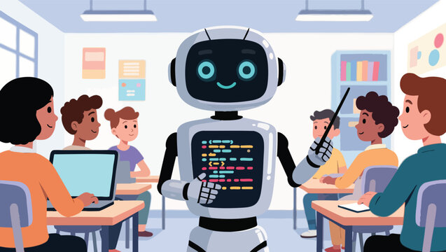 Robot coding teacher explaining code to students in a classroom.
