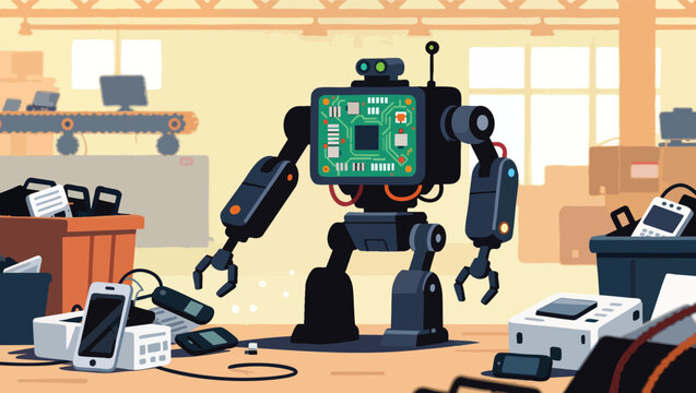 Robot with a circuit board chest in a cluttered electronics recycling workshop with discarded devices.