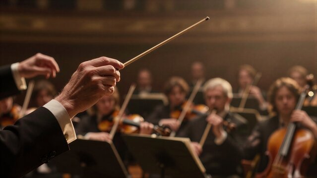 Conductor leads orchestra with passion, musicians focused in warm-lit hall.