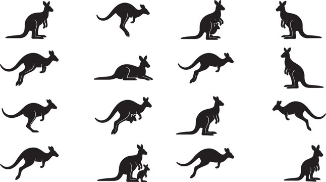black silhouettes of kangaroos in various poses