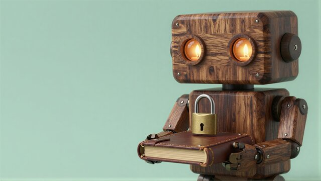 Wooden robot holds a locked book, symbolizing knowledge protection.