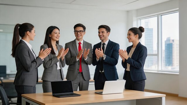 Happy business team clapping success in modern office, group of diverse colleagues celebrating achievement together near window with city view.