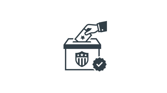 Hand dropping ballot into voting box with seal and checkmark icon