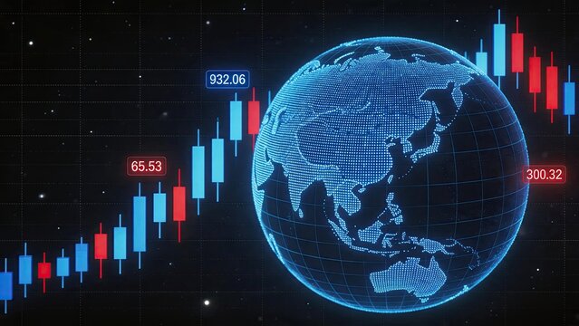 Global stock market trading concept with candlestick chart overlay on digital earth globe