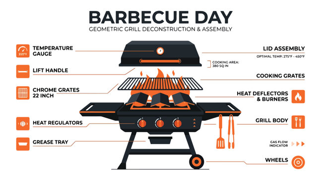 Grill parts labeled on a geometric deconstructed barbecue day images25.eps