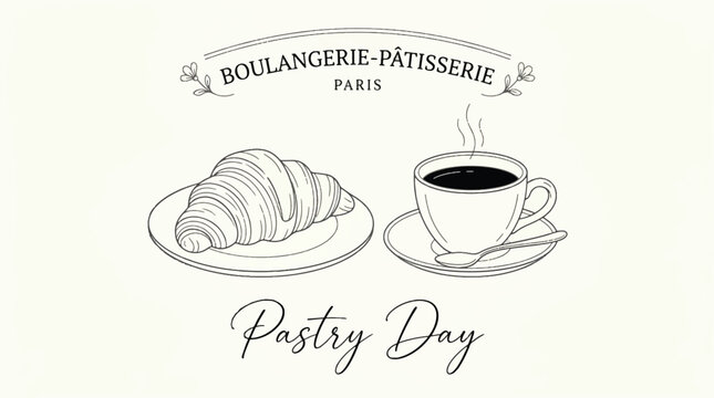 A vibrant illustration of  Boulangerie  Pastry showcasing  Day with Croissant  and Coffee in Paris