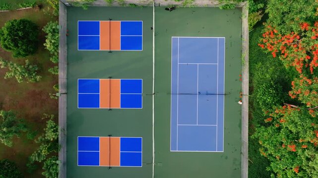 Outdoor Pickleball Courts. Sweeping views in motion of empty pickleball courts. Moving forward across several courts in a row. Public city park setting with cloudy blue Summer sky.
