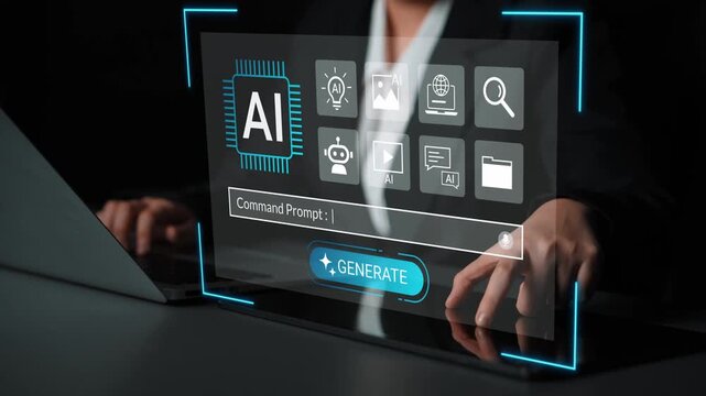 Concept of Artificial Intelligence Command Prompt Interface with Futuristic Touch and User Typing on Laptop at Night with Dark Background Gluon.
