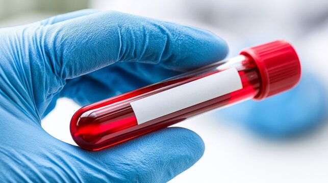 Gloved Hand Holding Blood Sample in Test Tube for Medical Analysis