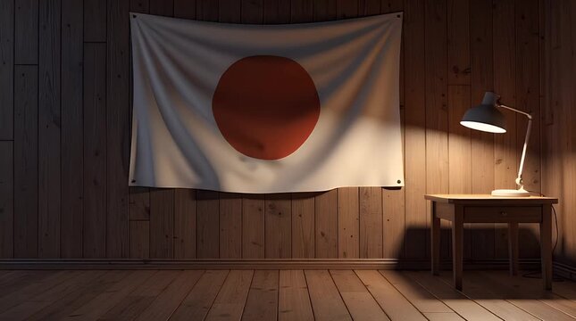 Flag Display In Minimal Wooden Room With Desk Lamp