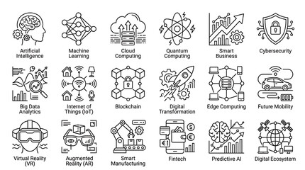 Obraz premium Digital ecosystem icons depict advanced computing trends and future mobility solutions for modern business operations.