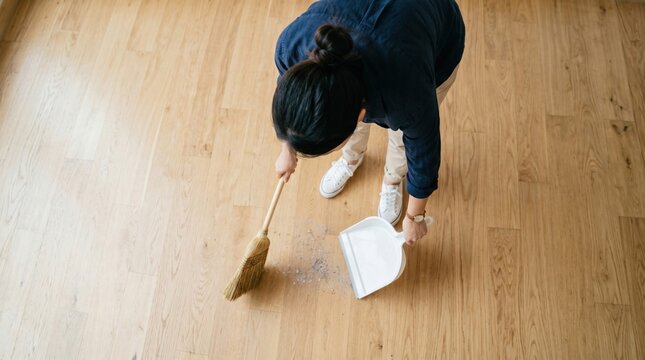 A woman sweeping the floor with a broom in her new house