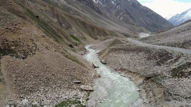 Drone View of Himalayan River Surrounded by Majestic Mountain Peaks