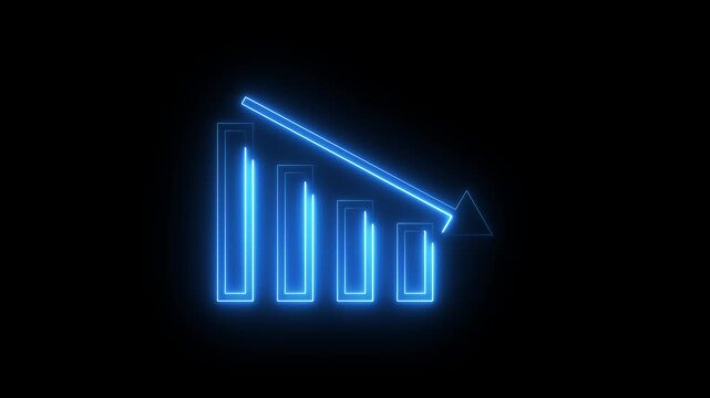 Blue neon graph with descending arrow shows business decline.