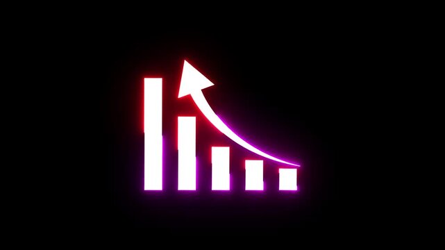 Glowing chart icon with rising arrow symbol isolated on dark black screen footage.