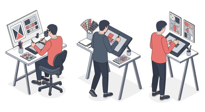 Hologram designers creating digital designs on computers in a modern office setting with screens and software
