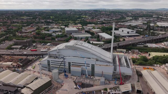 Drone aerial view of the Enfinium Kelvin Energy Recovery Facility in Oldbury, West Midlands, England. Large waste-to-energy power plant located beside the M5 motorway and surrounded by industrial esta