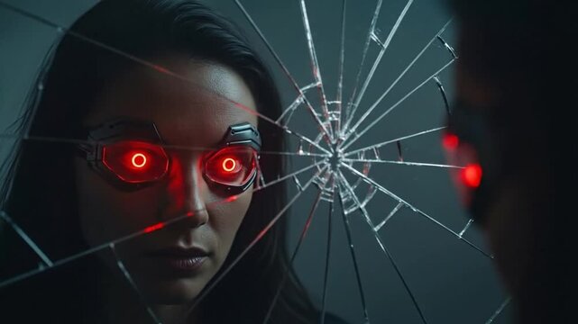 Cyberpunk woman with glowing red eyes behind broken mirror, futuristic vision