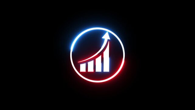 Neon glowing business bar chart icon with rising arrow animation on black background.