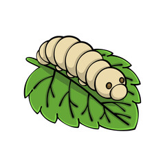 Cute cartoon silkworm caterpillar crawling on a vibrant green mulberry leaf isolated vector illustration for textile industry and education