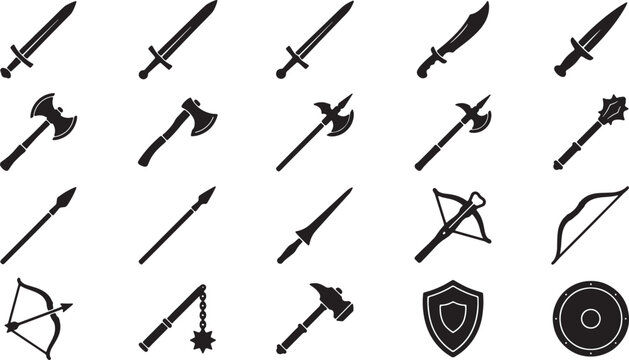Set of medieval and fantasy weapons and armor icons
