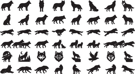 Obraz premium Silhouettes of wolves and dogs in various poses and settings