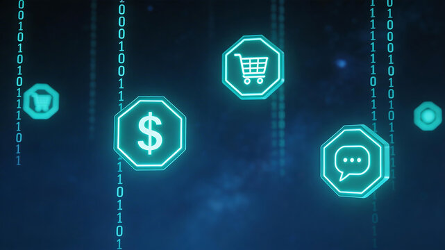 Digital icons on binary code background