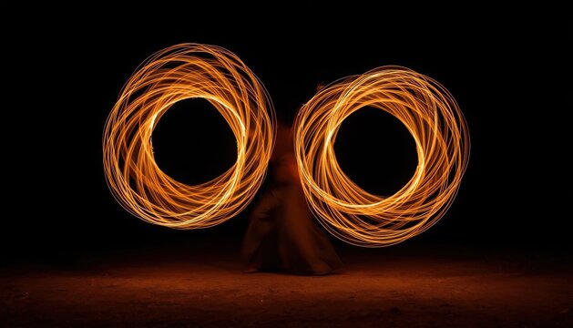 Performer spinning fire poi glowing in darkness with long exposure fire twirling fire breathing spinning performer darkness performance festival entertainment nightlife outdoors creative