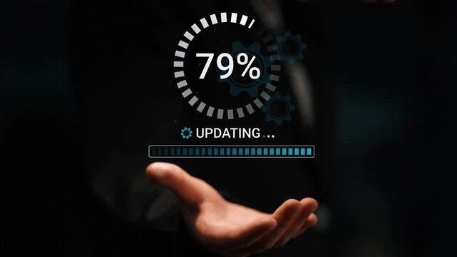 Businessman Hand Gesture with Progress Bar Showing Update Status at 34 Percent with Gear Icons on Dark Background. Entropy.