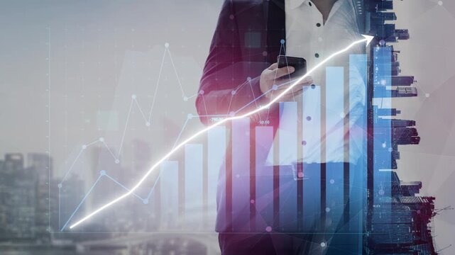 This image represents business growth and success through visual elements like graphs and technology, standing for innovation in a modern urban environment. Copula