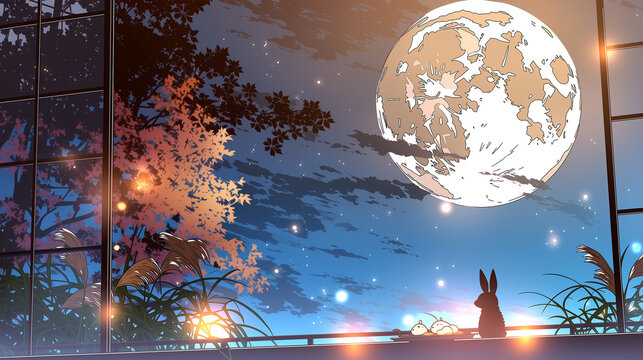 Rabbit silhouette gazing at a giant full moon beside tsukimi dango on a starry autumn night,月見団子と並んで満月を眺めるうさぎのシルエットが描かれた秋の夜のアニメ背景イラスト