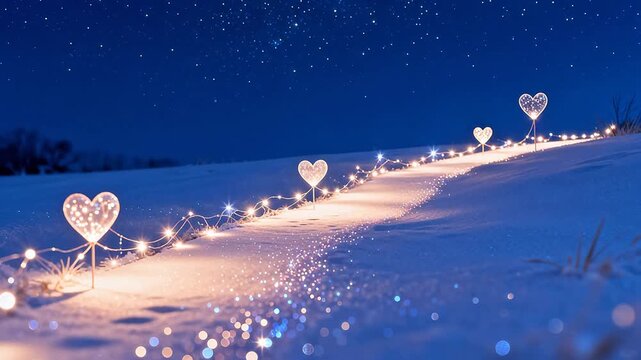 Snowy path with heartshaped lights