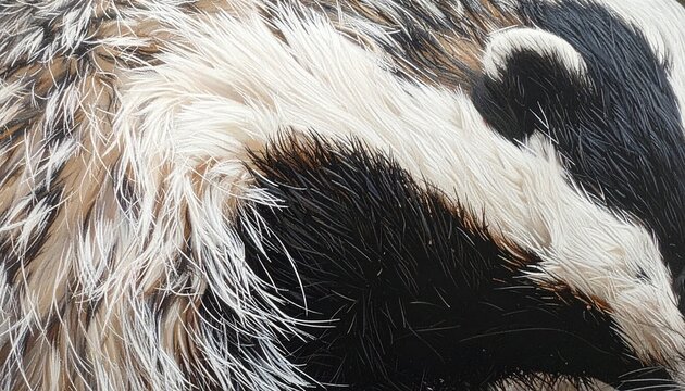 Close-up of a badgers fur showing its distinctive black and white stripes and coarse texture.