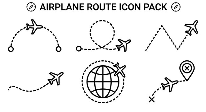 Airplane route icon pack with dotted flight paths and globe navigation symbols vector illustration set of aircraft tracking lines and location pin markers.