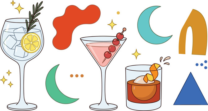 Modern cocktail drinks vector illustration set with abstract shapes and crescent moons