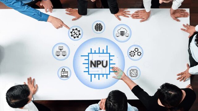 Team Collaboration Around NPU Technology with Icons and Graphics on Table Surface in Modern Office Environment. Entropy.
