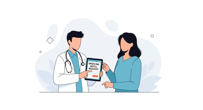 Doctor Showing Patient Tablet with Medicine Refill Request Form, Healthcare Digital Service Concept