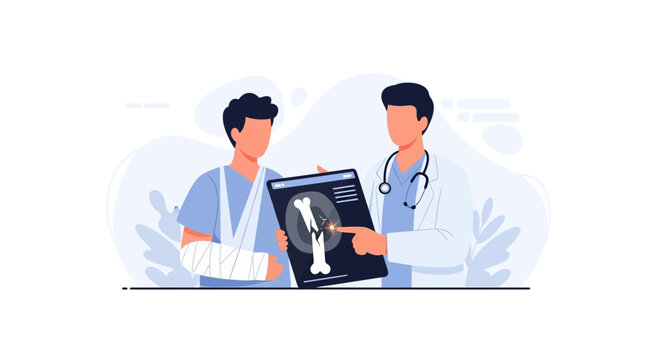 Doctor showing X-ray of fractured bone to injured patient with cast