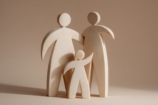 Minimalist abstract wooden figures representing family unity and connection in a warm, soft light