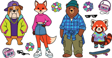 Retro 90s fashion animal cartoon character sticker set. Cool bulldog in bomber jacket, stylish fox in skirt, hipster bear in flannel shirt, red panda with skateboard, cassette players and scrunchies. © airin