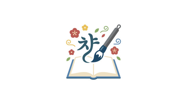 Korean Calligraphy Brush Writing 'Cha' on Open Book with Flowers