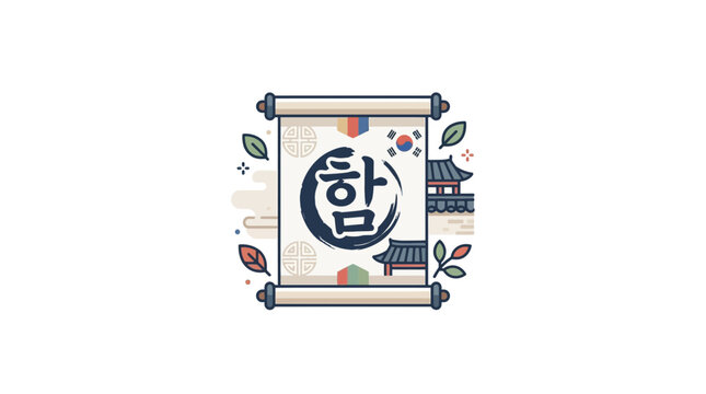 Korean Scroll with Traditional Symbols and Architecture