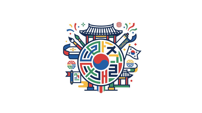 Korean culture and heritage illustration with Hangul, traditional architecture, and art symbols