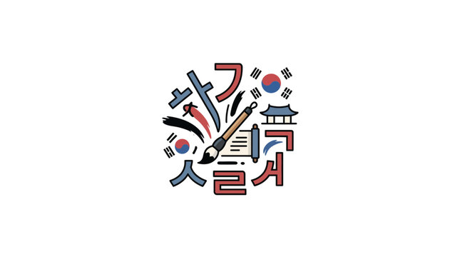 Korean Language Hangul Calligraphy Art with Traditional Symbols