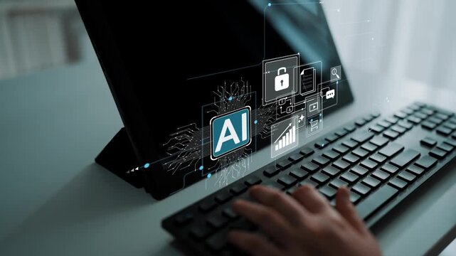 Futuristic Computer Interface Displaying Artificial Intelligence Concepts with Hand on Keyboard and Digital Icons Representing Technology and Security Gluon.